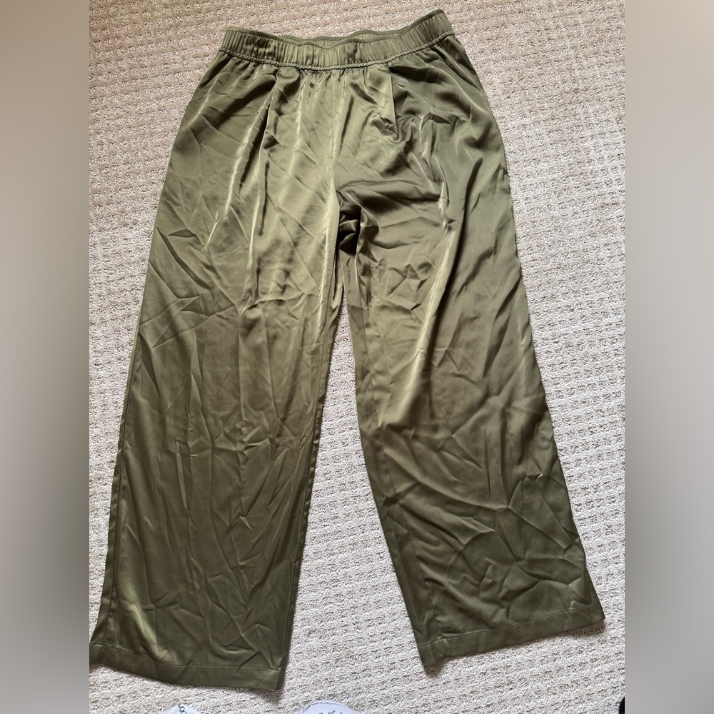 Elodie Olive Wide Leg Pants XL Flowy Satin Casual Chic Lounge